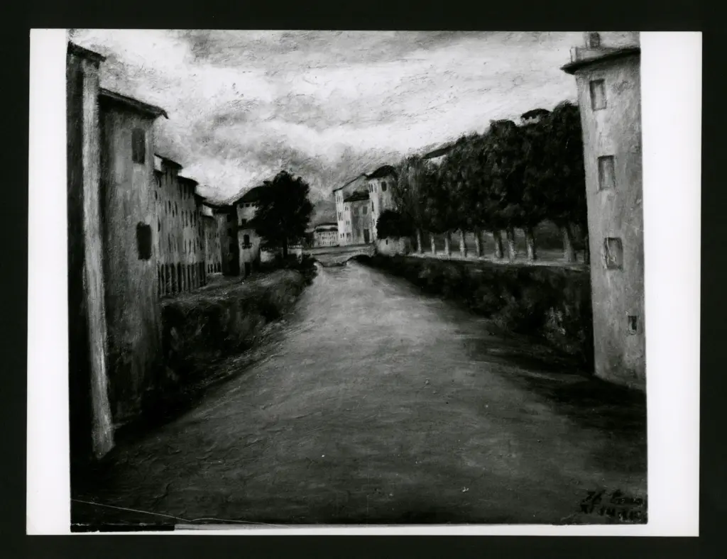 Anonimo , Zancanaro, Antonio - sec. XX - Scorcio di fiume con case e alberi sui lati