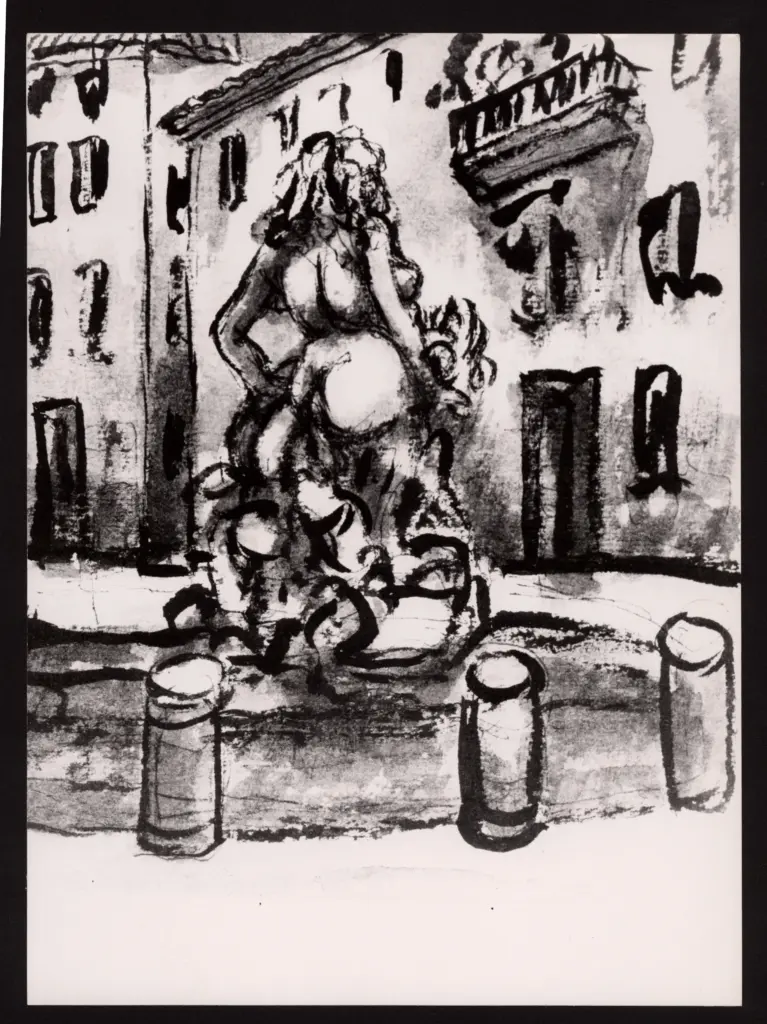 Anonimo , Zancanaro, Antonio - sec. XX - Statue con case sullo sfondo , fronte