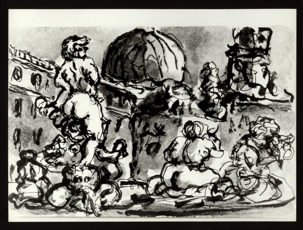 Anonimo , Zancanaro, Antonio - sec. XX - Piazza con statue in marmo e cupola sullo sfondo