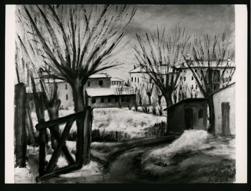 Anonimo , Zancanaro, Antonio - sec. XX - Paesaggio invernale con case innevate , fronte