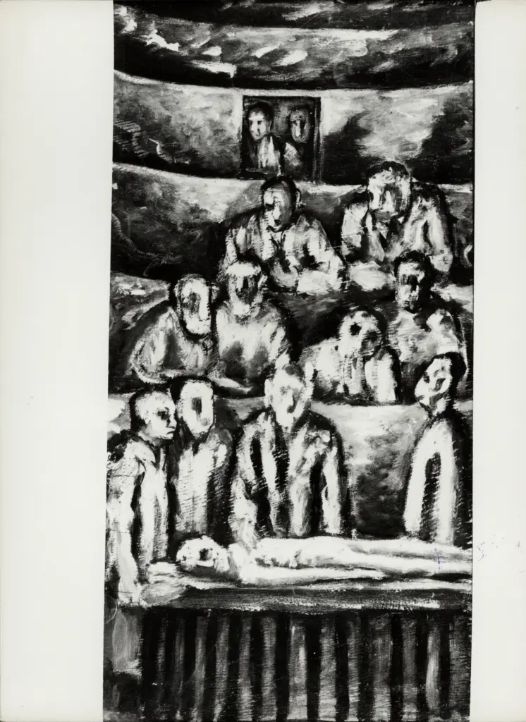 Anonimo , Zancanaro, Antonio - sec. XX - Figura distesa sul letto con varie persone attorno , fronte