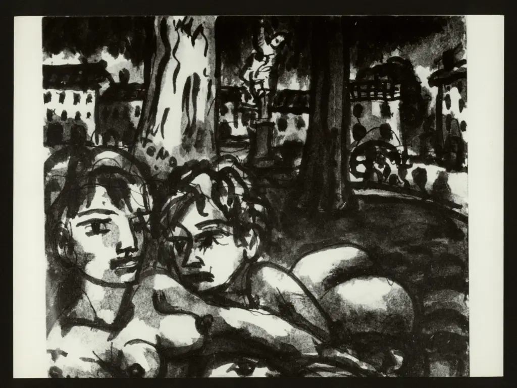 Anonimo , Zancanaro, Antonio - sec. XX - Donne sdraiate in mezzo ad una piaza (Pra?)