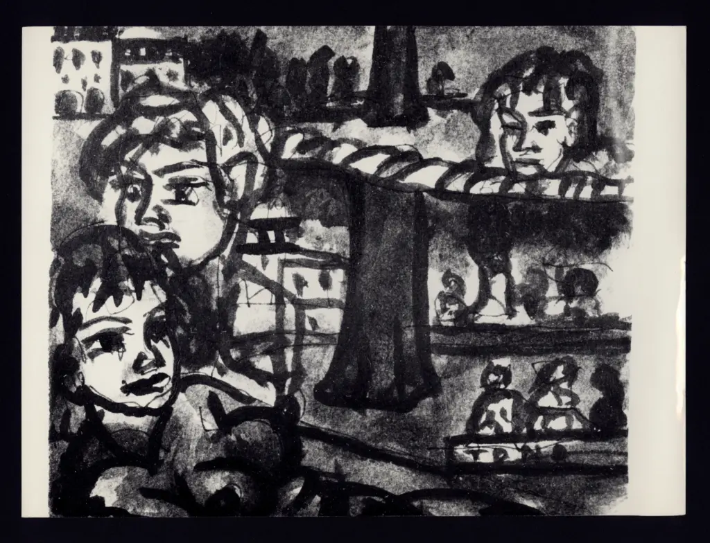 Anonimo , Zancanaro, Antonio - sec. XX - Tre volti con case sullo sfondo e albero al centro