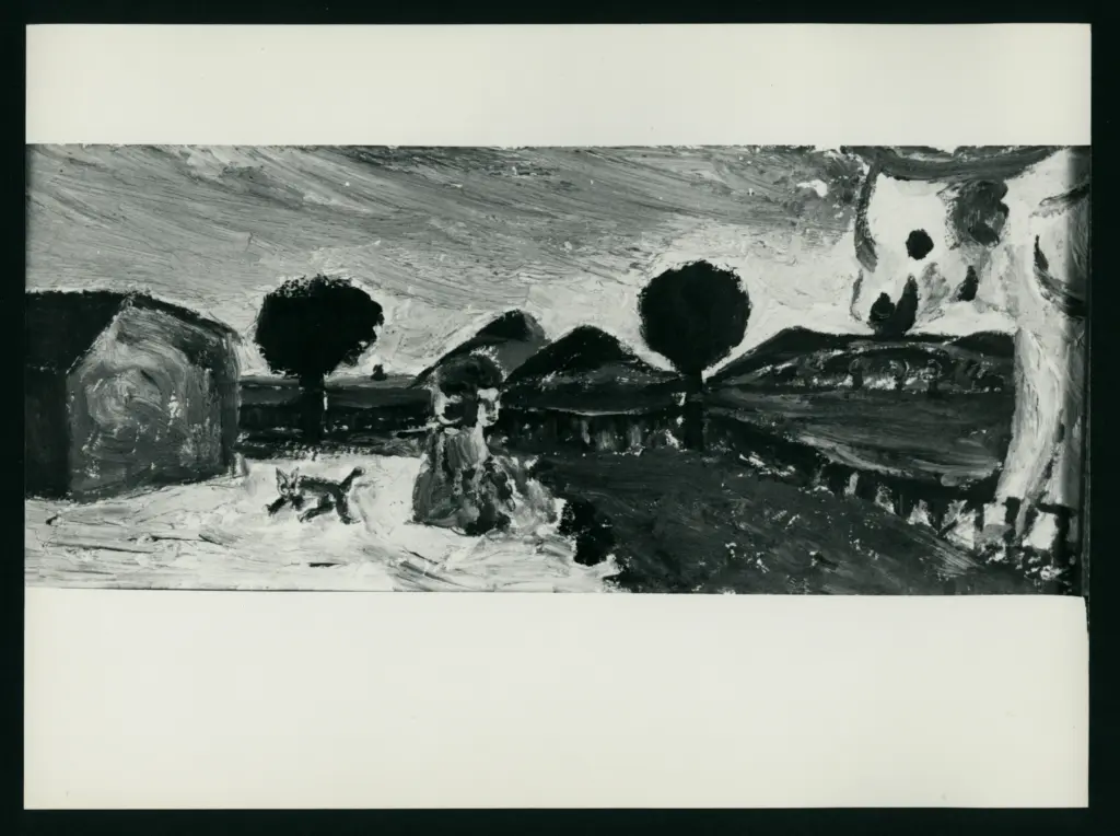 Anonimo , Zancanaro, Antonio - sec. XX - Paesaggio di campagna con gatto in primo piano e colline sullo sfondo