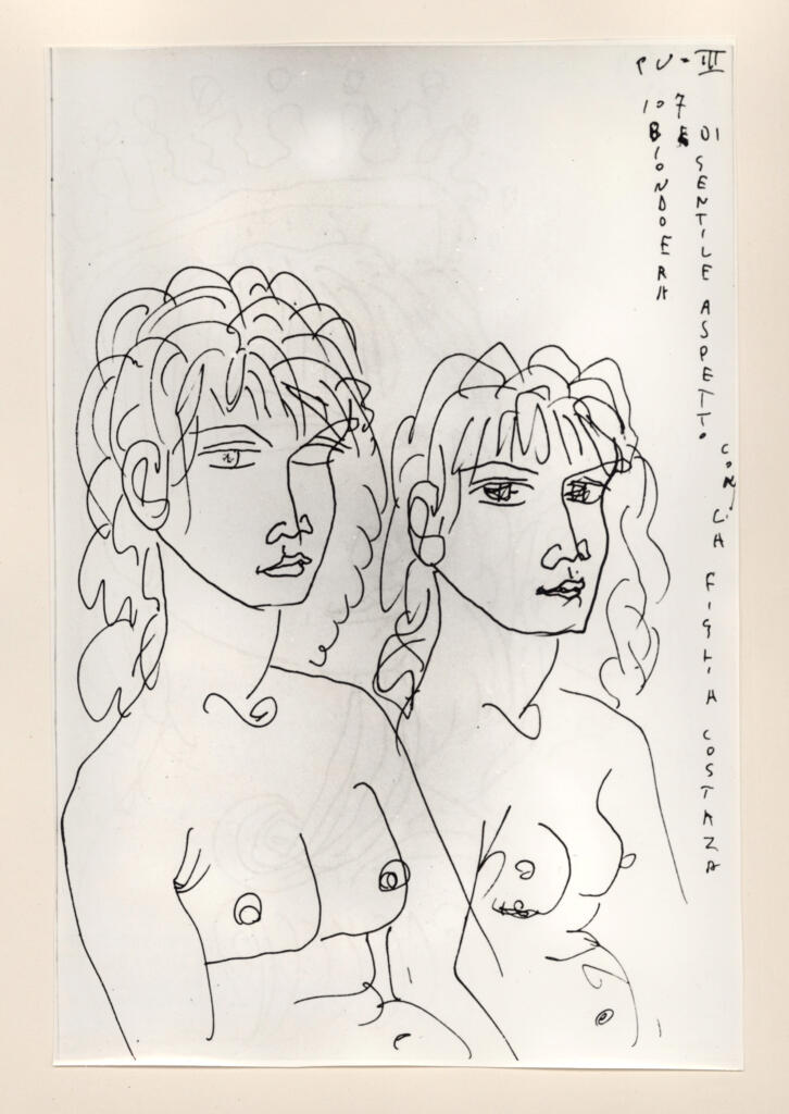 Università di Pisa. Dipartimento di Storia delle Arti , Zancanaro, Antonio - sec. XX - "Divina Commedia": quaderno B, foglio 56 recto: "Manfredi e Costanza" , fronte