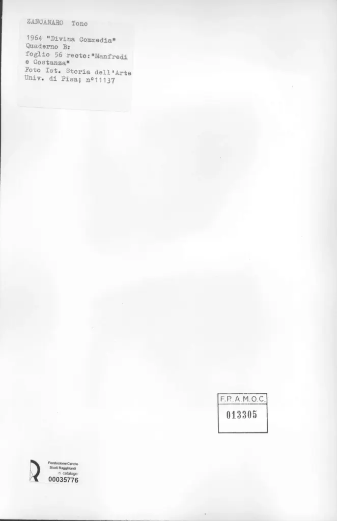 Universit&agrave; di Pisa. Dipartimento di Storia delle Arti , Zancanaro, Antonio - sec. XX - "Divina Commedia": quaderno B, foglio 56 recto: "Manfredi e Costanza" , retro