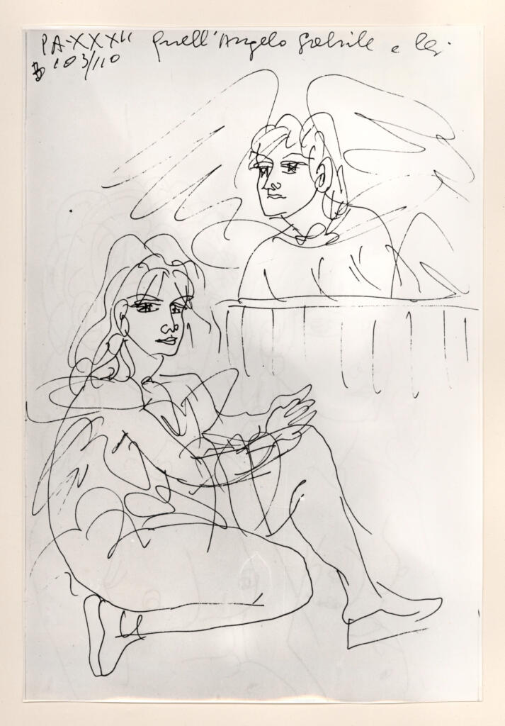 Università di Pisa. Dipartimento di Storia delle Arti , Zancanaro, Antonio - sec. XX - "Divina Commedia": quaderno B, foglio 55 recto: "Quell'angelo Gabriele e lei" , fronte