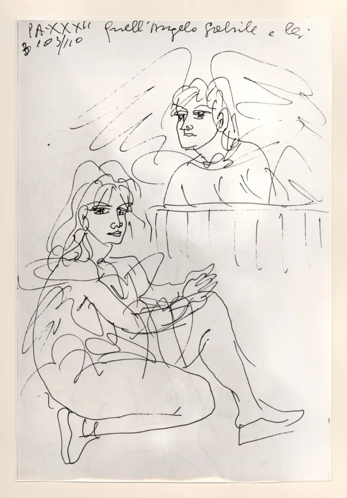 Universit&agrave; di Pisa. Dipartimento di Storia delle Arti , Zancanaro, Antonio - sec. XX - "Divina Commedia": quaderno B, foglio 55 recto: "Quell'angelo Gabriele e lei" , fronte