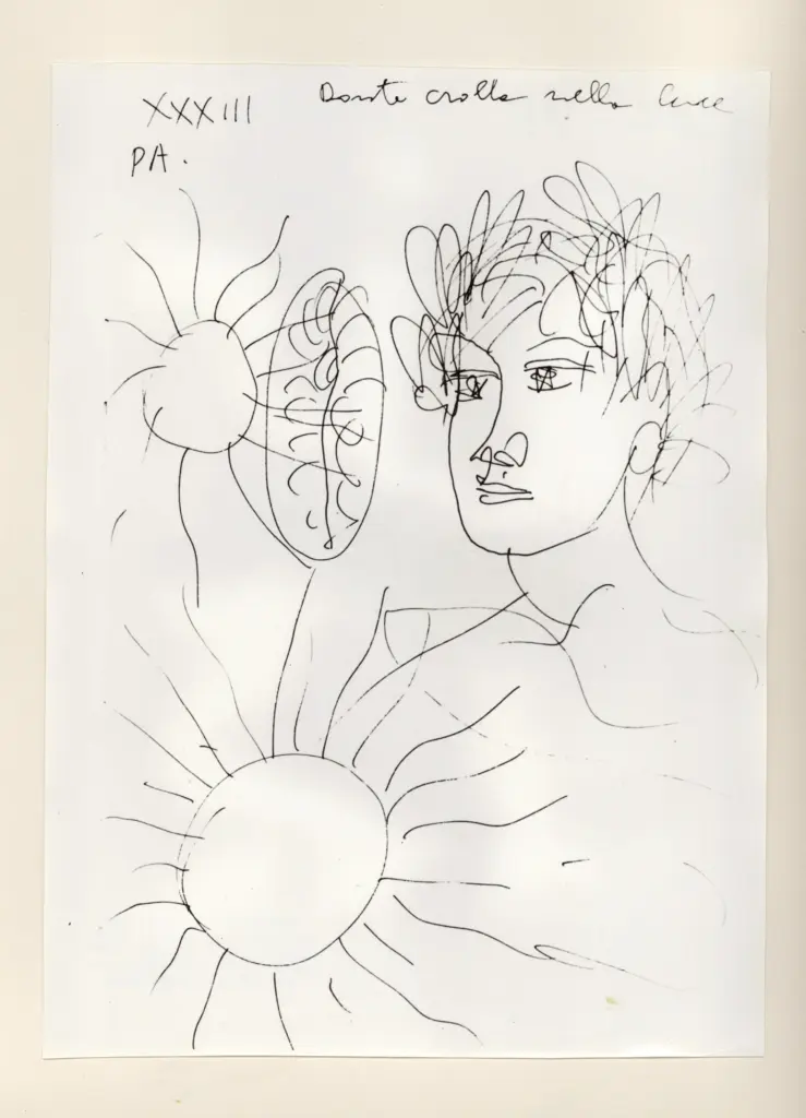 Universit&agrave; di Pisa. Dipartimento di Storia delle Arti , Zancanaro, Antonio - sec. XX - "Divina Commedia": quaderno B, foglio 53 recto: "Dante crolla nella luce" , fronte