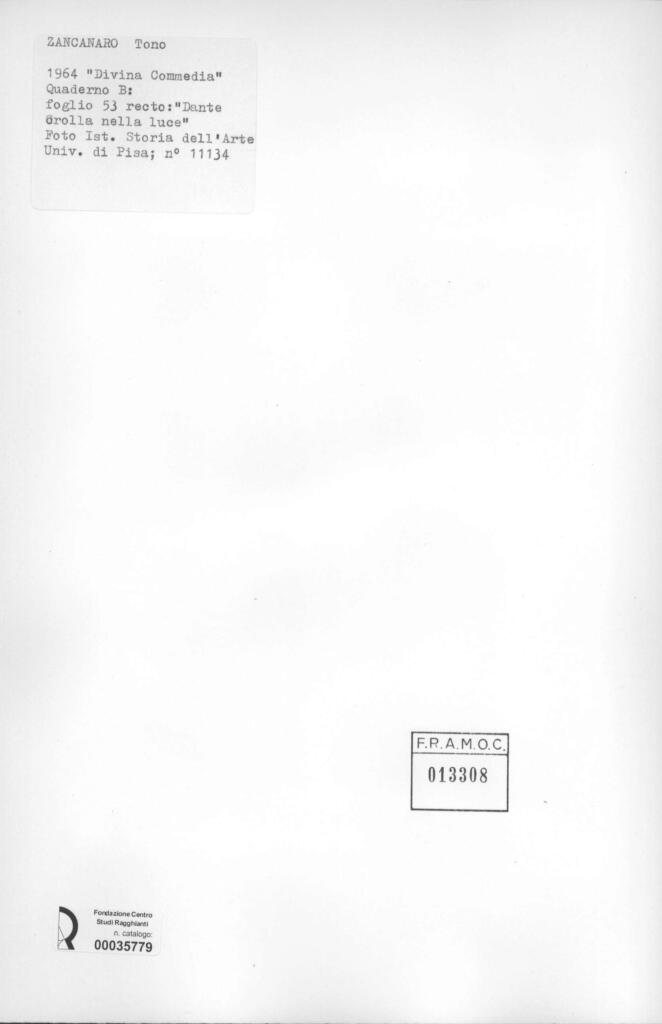 Università di Pisa. Dipartimento di Storia delle Arti , Zancanaro, Antonio - sec. XX - "Divina Commedia": quaderno B, foglio 53 recto: "Dante crolla nella luce" , retro