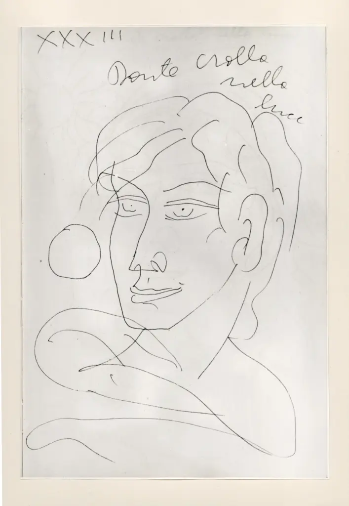 Universit&agrave; di Pisa. Dipartimento di Storia delle Arti , Zancanaro, Antonio - sec. XX - "Divina Commedia": quaderno B, foglio 50 recto: "Dante crolla nella luce" , fronte