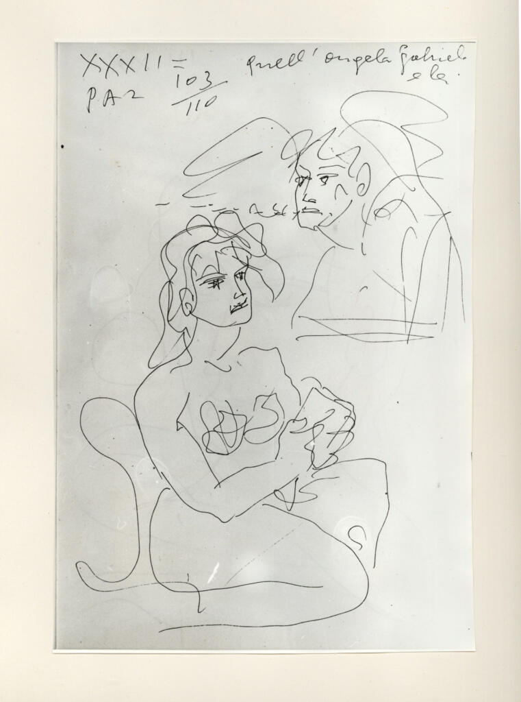 Università di Pisa. Dipartimento di Storia delle Arti , Zancanaro, Antonio - sec. XX - "Divina Commedia": quaderno B, foglio 49 recto: "Quell'angelo Gabriele e lei" , fronte