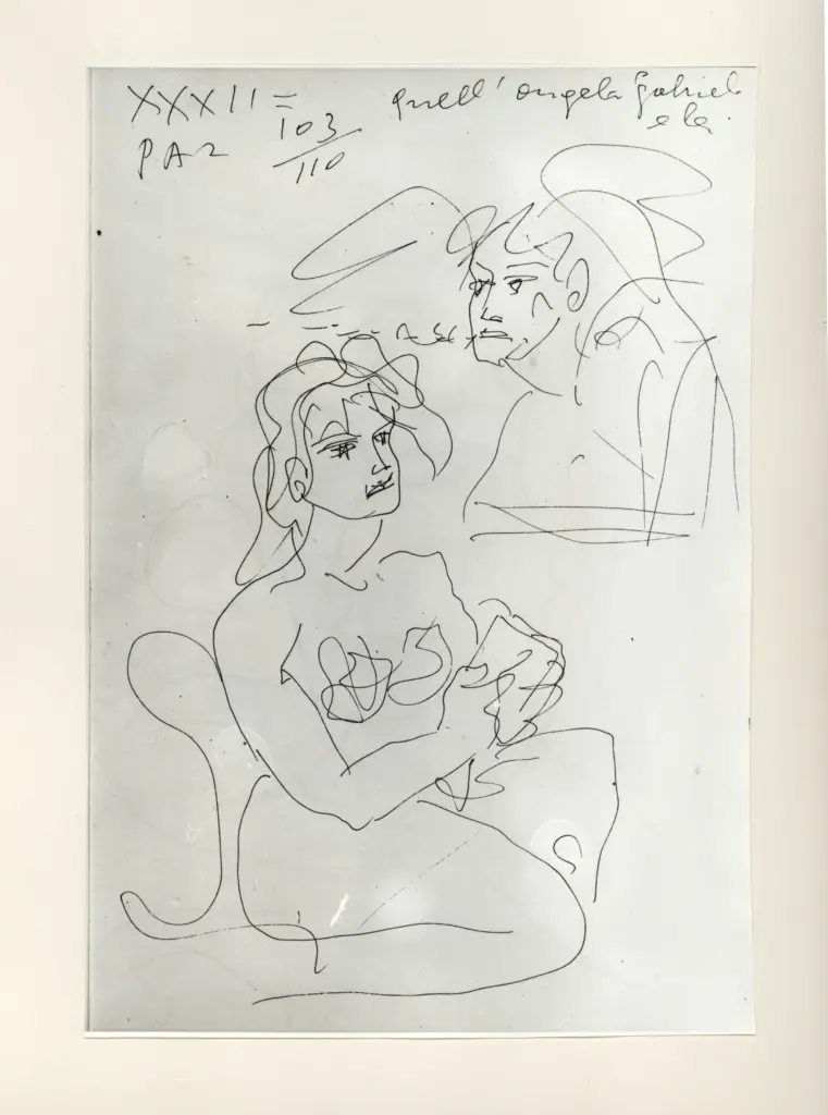 Universit&agrave; di Pisa. Dipartimento di Storia delle Arti , Zancanaro, Antonio - sec. XX - "Divina Commedia": quaderno B, foglio 49 recto: "Quell'angelo Gabriele e lei" , fronte