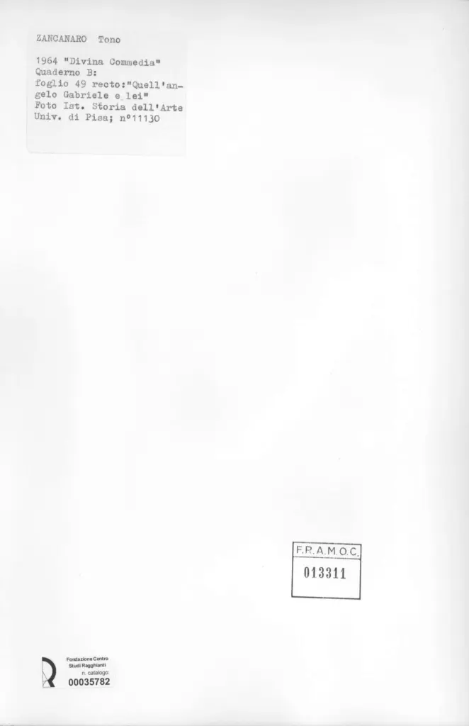 Universit&agrave; di Pisa. Dipartimento di Storia delle Arti , Zancanaro, Antonio - sec. XX - "Divina Commedia": quaderno B, foglio 49 recto: "Quell'angelo Gabriele e lei" , retro