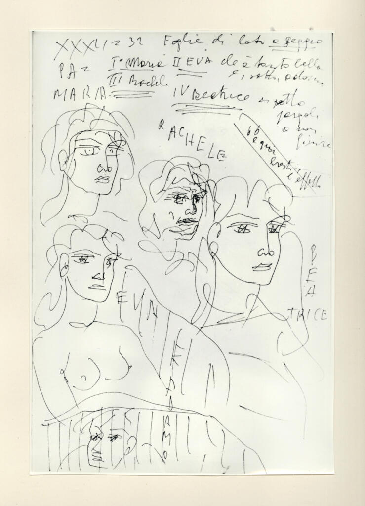 Università di Pisa. Dipartimento di Storia delle Arti , Zancanaro, Antonio - sec. XX - "Divina Commedia": quaderno B, foglio 49 recto: "Maria, Rachele, Beatrice, Adamo e Eva"