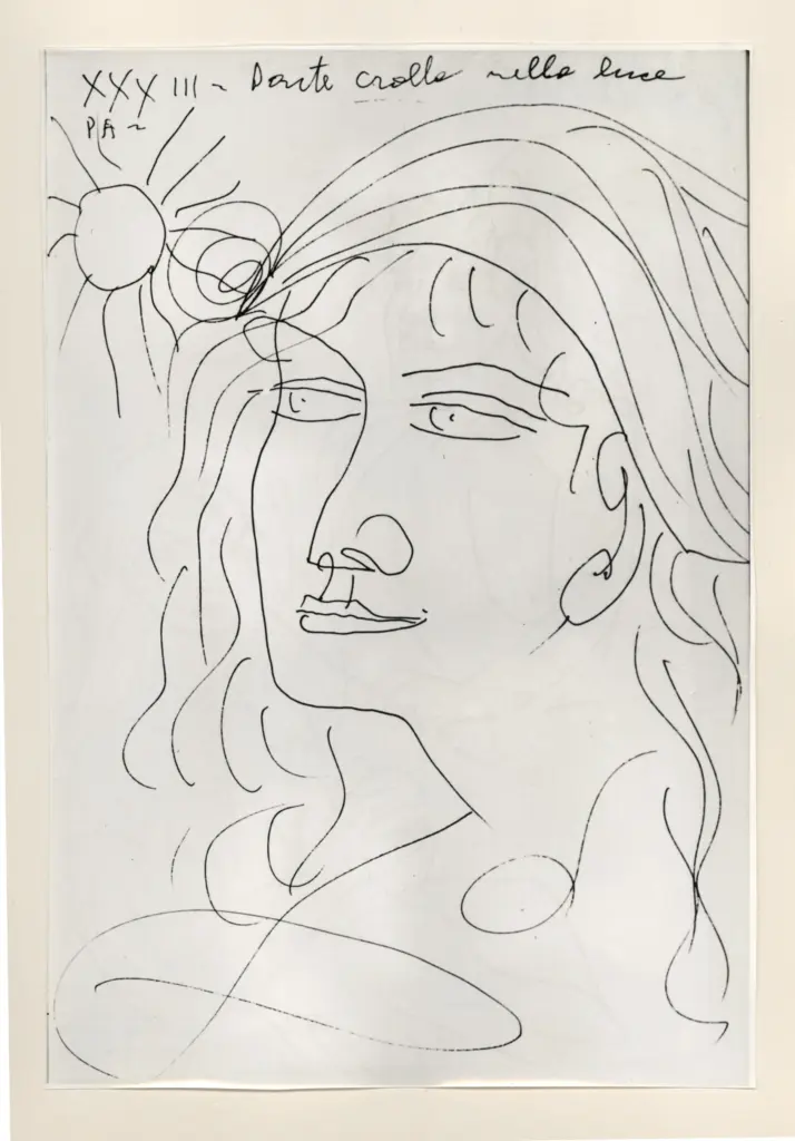 Universit&agrave; di Pisa. Dipartimento di Storia delle Arti , Zancanaro, Antonio - sec. XX - "Divina Commedia": quaderno B, foglio 51 recto: "Dante crolla nella luca" , fronte