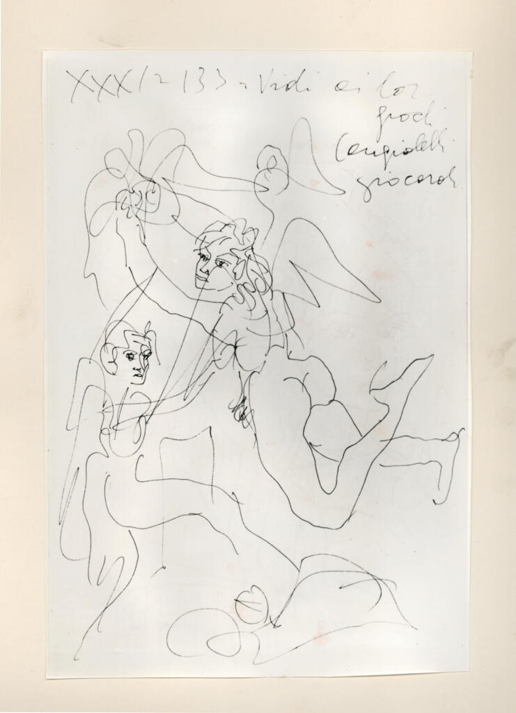 Università di Pisa. Dipartimento di Storia delle Arti , Zancanaro, Antonio - sec. XX - "Divina Commedia": quaderno B, foglio 47 recto: "Angiolelli giocaroli" , fronte