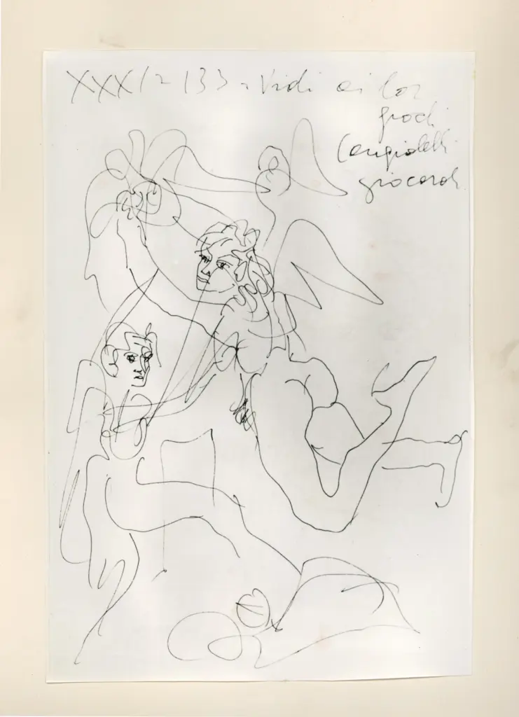 Universit&agrave; di Pisa. Dipartimento di Storia delle Arti , Zancanaro, Antonio - sec. XX - "Divina Commedia": quaderno B, foglio 47 recto: "Angiolelli giocaroli" , fronte