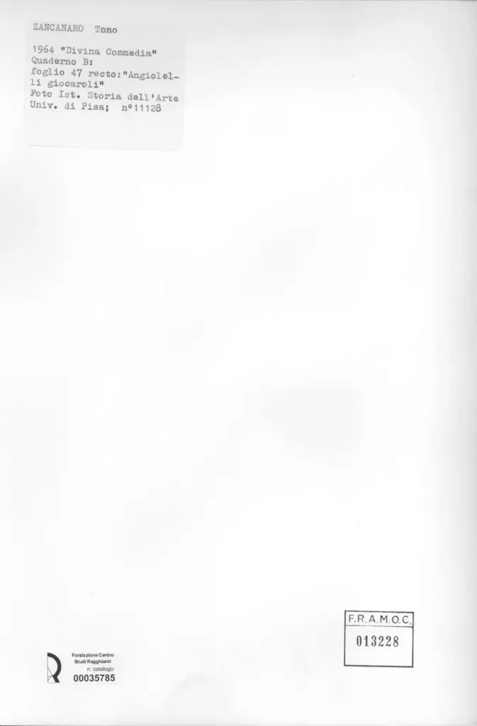 Universit&agrave; di Pisa. Dipartimento di Storia delle Arti , Zancanaro, Antonio - sec. XX - "Divina Commedia": quaderno B, foglio 47 recto: "Angiolelli giocaroli" , retro