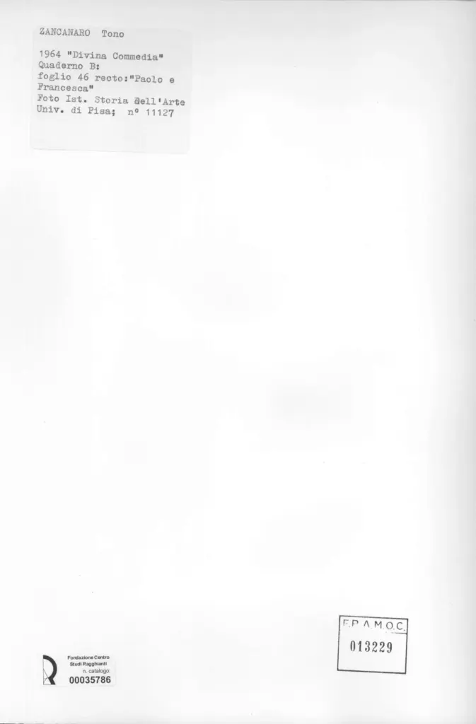 Universit&agrave; di Pisa. Dipartimento di Storia delle Arti , Zancanaro, Antonio - sec. XX - "Divina Commedia": quaderno B, foglio 46 recto: "Paolo e Francesca" , retro