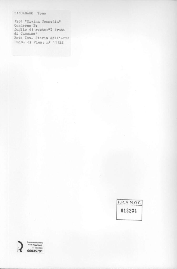 Università di Pisa. Dipartimento di Storia delle Arti , Zancanaro, Antonio - sec. XX - "Divina Commedia": quaderno B, foglio 43 recto: "I frati di Cassino" , retro