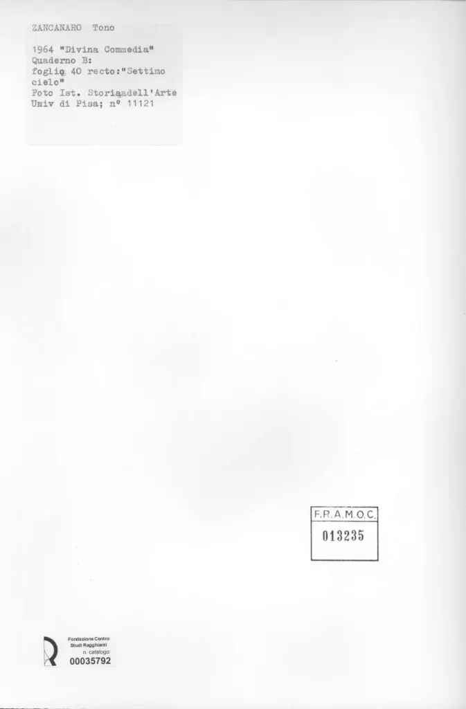 Universit&agrave; di Pisa. Dipartimento di Storia delle Arti , Zancanaro, Antonio - sec. XX - "Divina Commedia": quaderno B, foglio 40 recto: "Settimo cielo" , retro