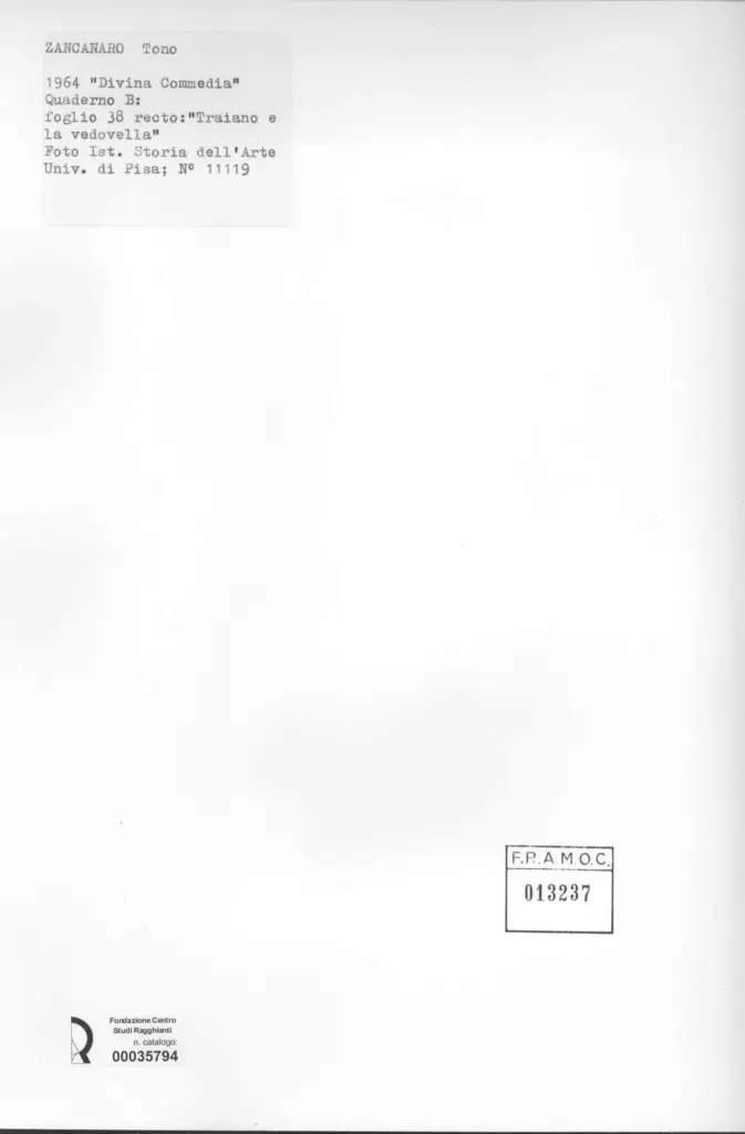 Universit&agrave; di Pisa. Dipartimento di Storia delle Arti , Zancanaro, Antonio - sec. XX - "Divina Commedia": quaderno B, foglio 38 recto: "Traiano e la vedovella" , retro