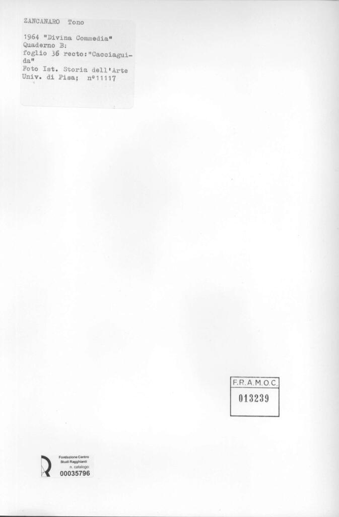 Università di Pisa. Dipartimento di Storia delle Arti , Zancanaro, Antonio - sec. XX - "Divina Commedia": quaderno B, foglio 36 recto: "Cacciaguida" , retro