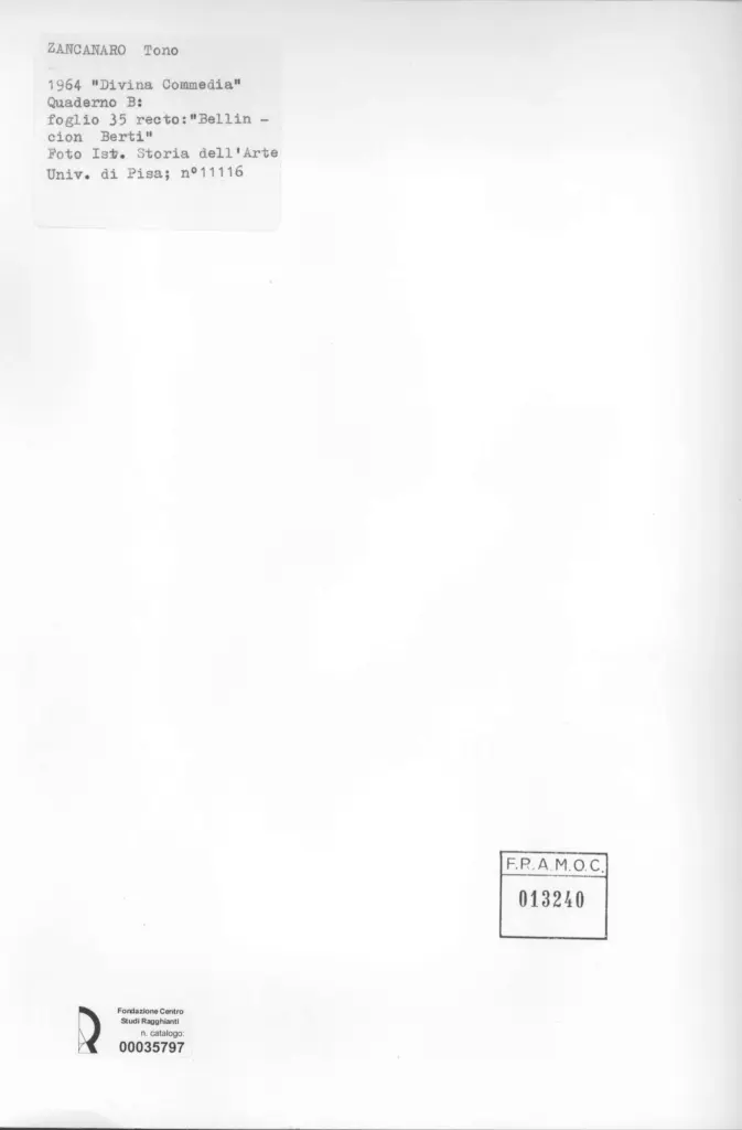 Universit&agrave; di Pisa. Dipartimento di Storia delle Arti , Zancanaro, Antonio - sec. XX - "Divina Commedia": quaderno B, foglio 35 recto: "Bellincion Berti" , retro
