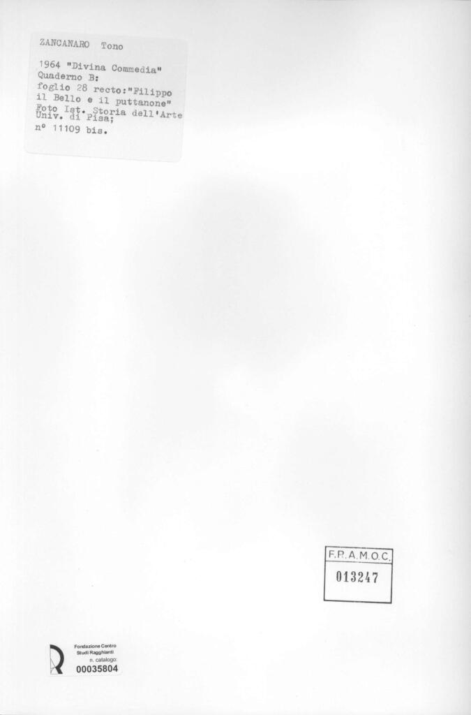 Università di Pisa. Dipartimento di Storia delle Arti , Zancanaro, Antonio - sec. XX - "Divina Commedia": quaderno B, foglio 28 recto: "Filippo il Bello e il puttanone" , retro