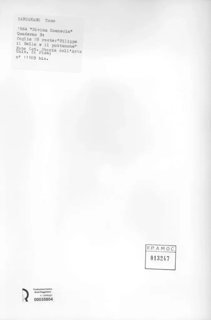 Universit&agrave; di Pisa. Dipartimento di Storia delle Arti , Zancanaro, Antonio - sec. XX - "Divina Commedia": quaderno B, foglio 28 recto: "Filippo il Bello e il puttanone" , retro