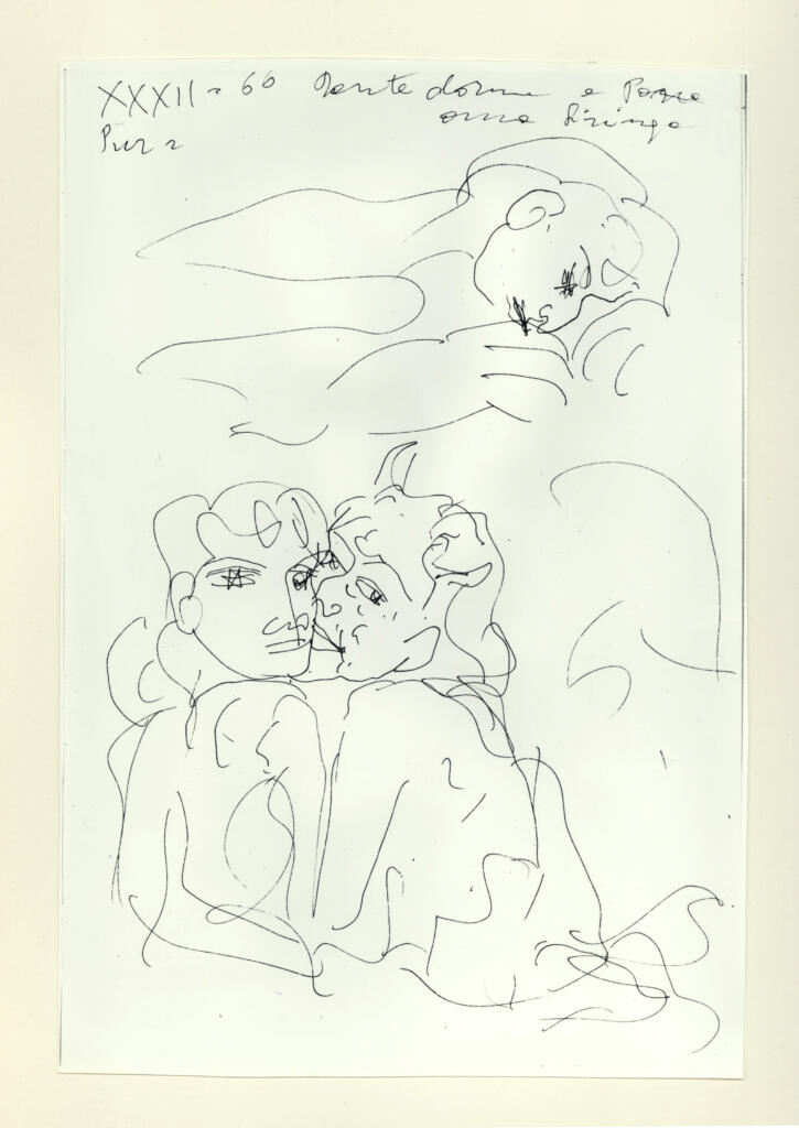 Università di Pisa. Dipartimento di Storia delle Arti , Zancanaro, Antonio - sec. XX - "Divina Commedia": quaderno B, foglio 27 recto: "Dante dorme e Pane ama Siringa" , fronte