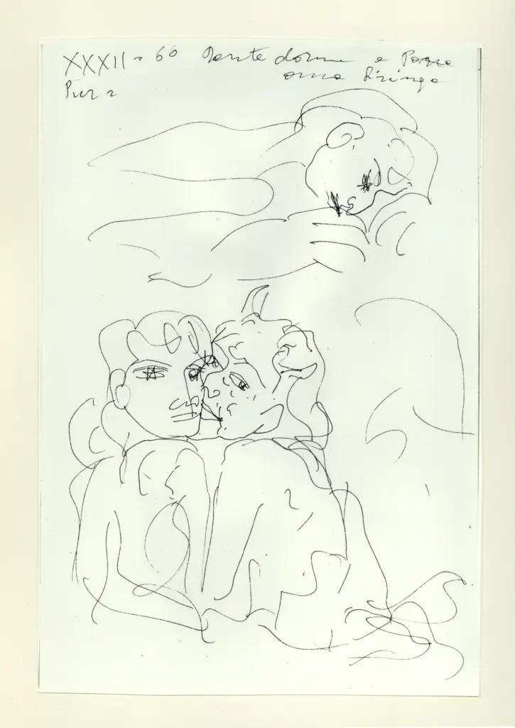 Universit&agrave; di Pisa. Dipartimento di Storia delle Arti , Zancanaro, Antonio - sec. XX - "Divina Commedia": quaderno B, foglio 27 recto: "Dante dorme e Pane ama Siringa" , fronte