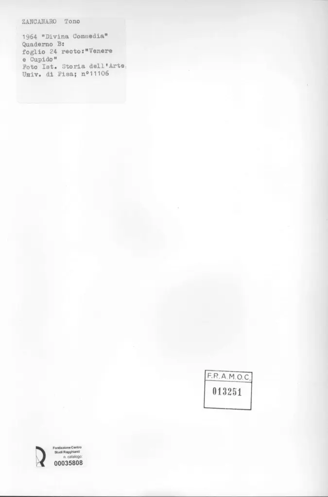 Universit&agrave; di Pisa. Dipartimento di Storia delle Arti , Zancanaro, Antonio - sec. XX - "Divina Commedia": quaderno B, foglio 24 recto: "Venere e Cupido" , retro