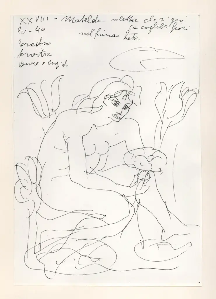 Universit&agrave; di Pisa. Dipartimento di Storia delle Arti , Zancanaro, Antonio - sec. XX - "Divina Commedia": quaderno B, foglio 23 recto: "Matelda" , fronte