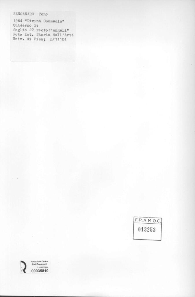 Università di Pisa. Dipartimento di Storia delle Arti , Zancanaro, Antonio - sec. XX - "Divina Commedia": quaderno B, foglio 22 recto: "Angeli" , retro