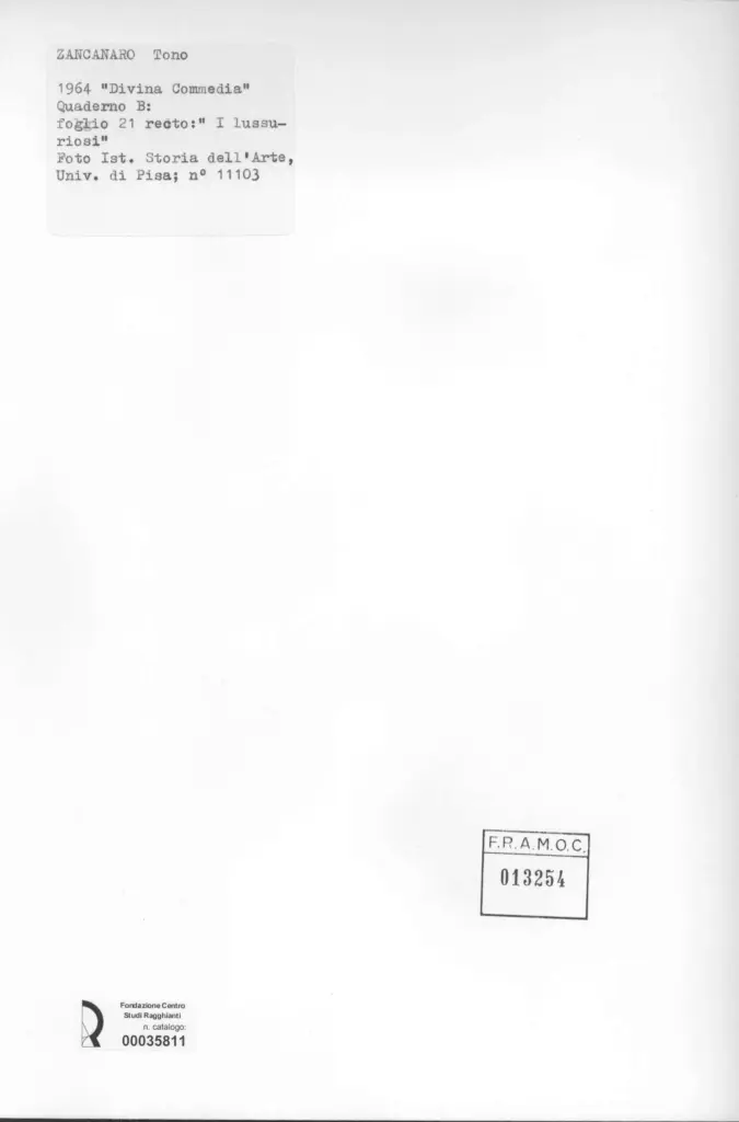 Universit&agrave; di Pisa. Dipartimento di Storia delle Arti , Zancanaro, Antonio - sec. XX - "Divina Commedia": quaderno B, foglio 21 recto: "I lussuriosi" , retro