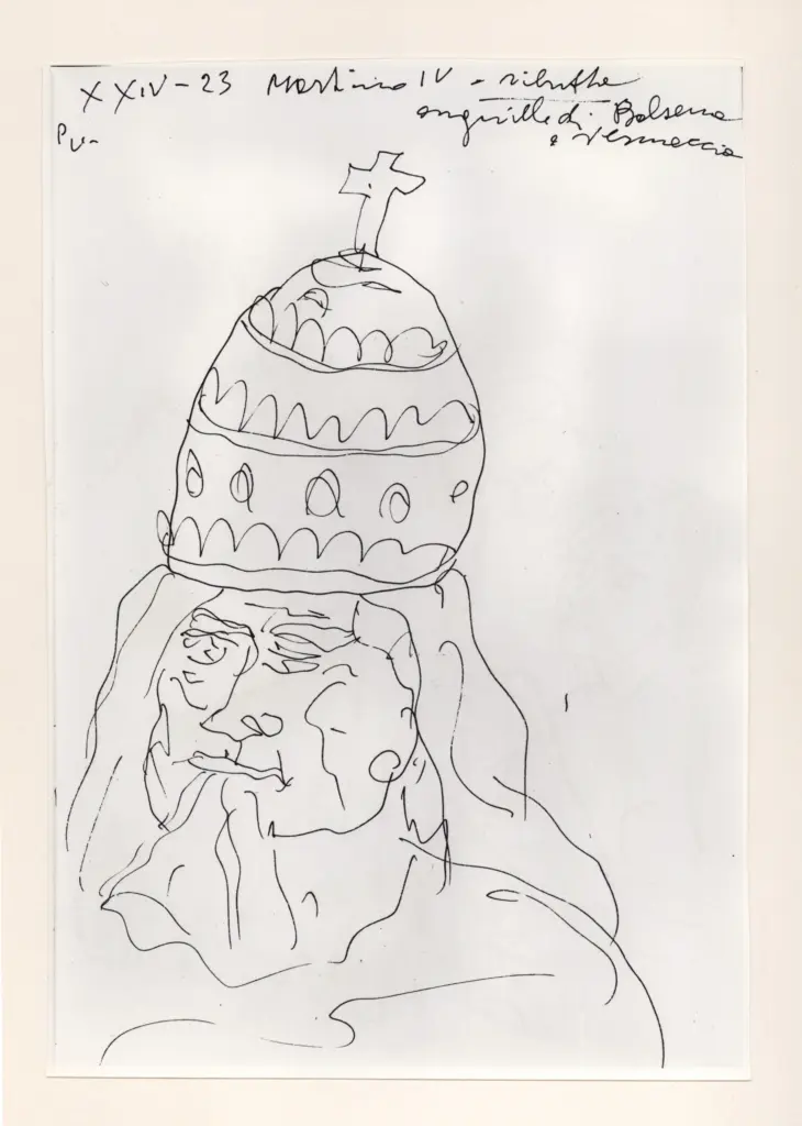 Universit&agrave; di Pisa. Dipartimento di Storia delle Arti , Zancanaro, Antonio - sec. XX - "Divina Commedia": quaderno B, foglio 19 recto: "Martino IV" , fronte