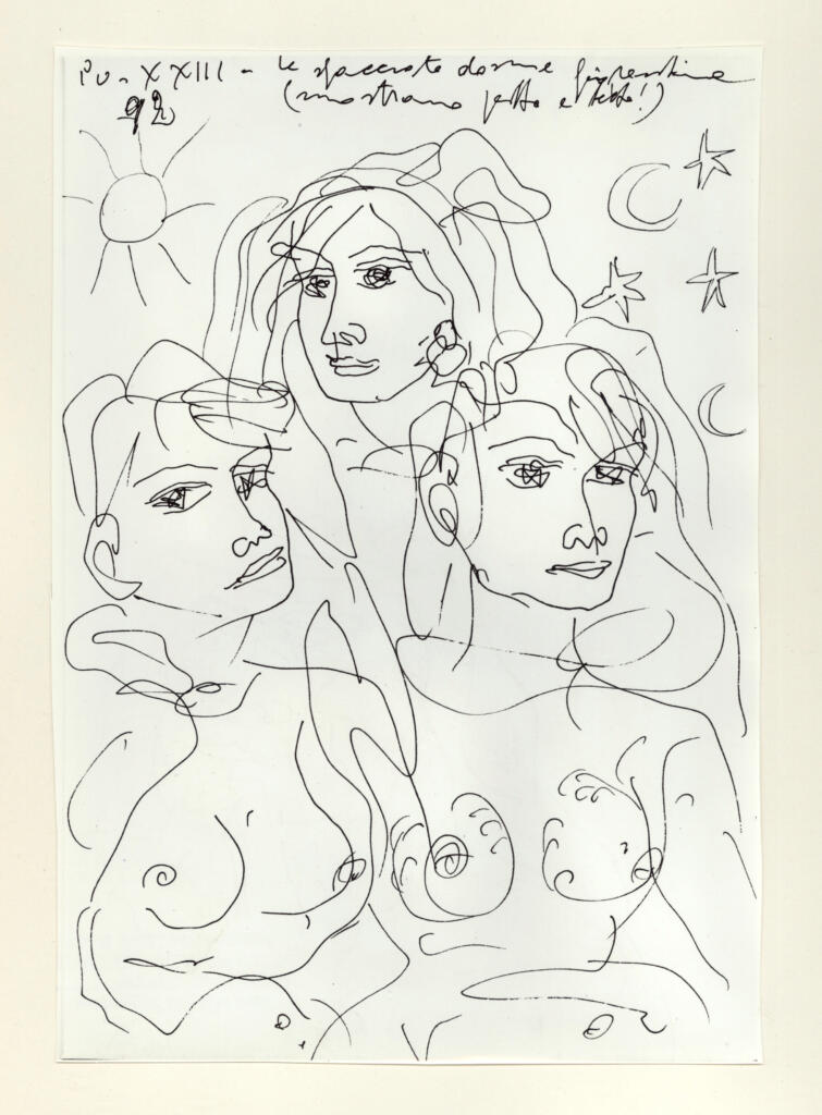 Università di Pisa. Dipartimento di Storia delle Arti , Zancanaro, Antonio - sec. XX - "Divina Commedia": quaderno B, foglio 18 recto: "Le sfacciate donne fiorentine" , fronte