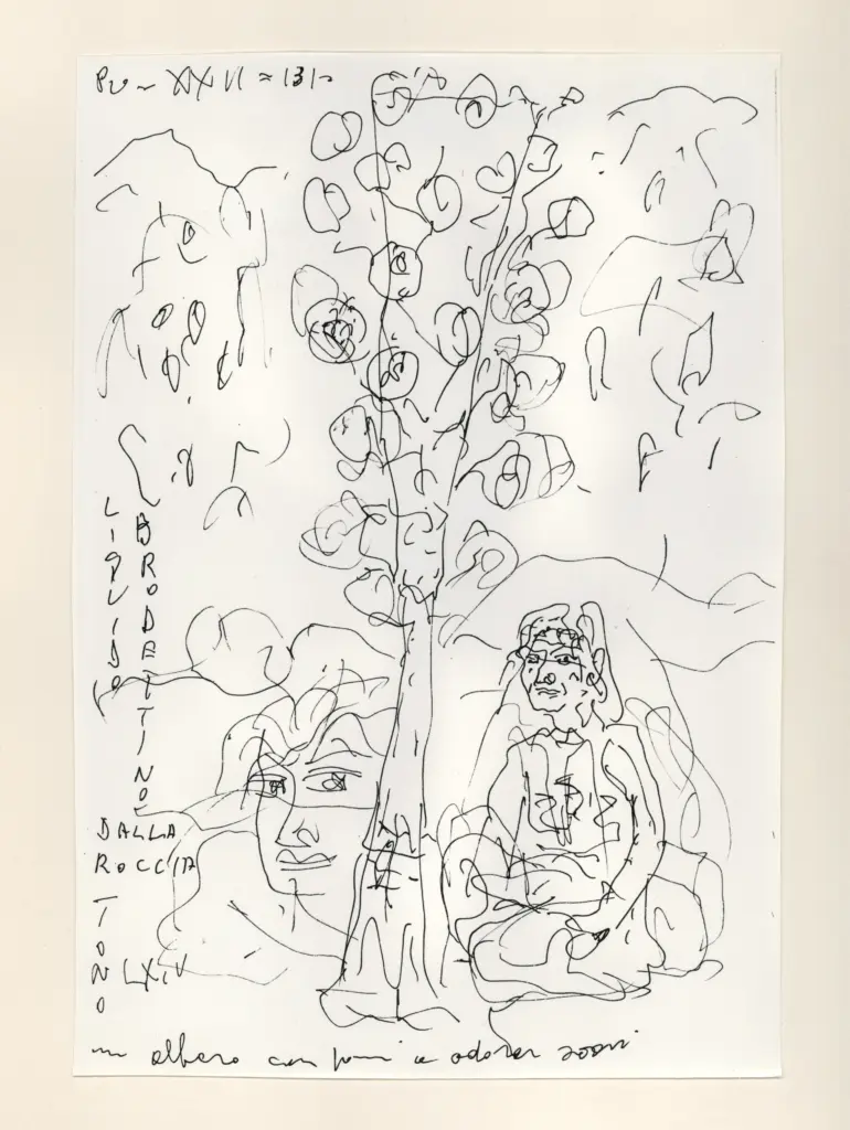 Universit&agrave; di Pisa. Dipartimento di Storia delle Arti , Zancanaro, Antonio - sec. XX - "Divina Commedia": quaderno B, foglio 17 recto: "Un albero con pomi a odorar soavi" , fronte