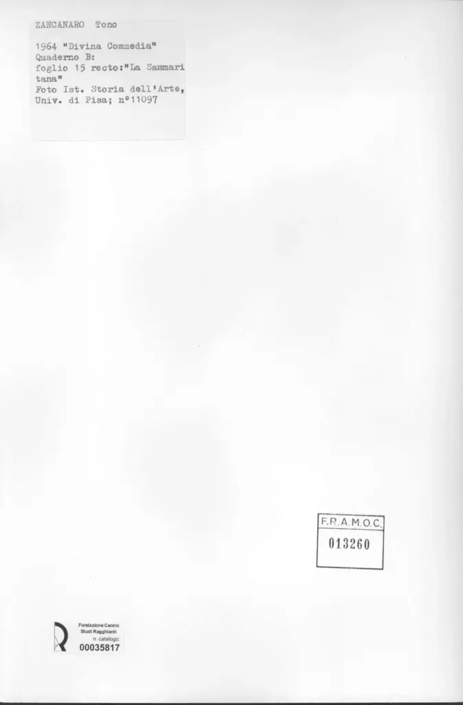 Universit&agrave; di Pisa. Dipartimento di Storia delle Arti , Zancanaro, Antonio - sec. XX -"Divina Commedia": quaderno B, foglio 15 recto: "La Sammaritana" , retro