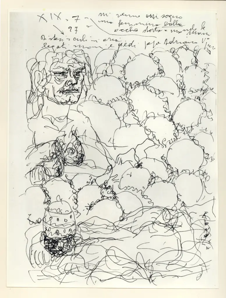 Universit&agrave; di Pisa. Dipartimento di Storia delle Arti , Zancanaro, Antonio - sec. XX - "Divina Commedia": quaderno B, foglio 13 recto: "Mi venne in sogno una femmina balba" , fronte