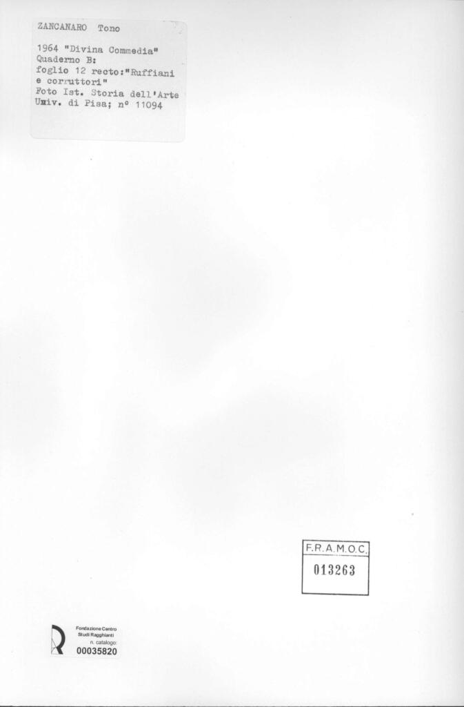 Università di Pisa. Dipartimento di Storia delle Arti , Zancanaro, Antonio - sec. XX - "Divina Commedia": quaderno B, foglio 12 recto: "Ruffiani e corruttori" , retro