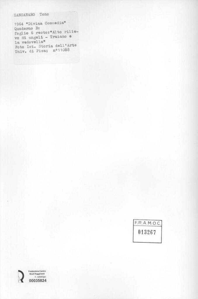 Università di Pisa. Dipartimento di Storia delle Arti , Zancanaro, Antonio - sec. XX - "Divina Commedia": quaderno B, foglio 6 recto: "Alto rilievo di angeli" , retro