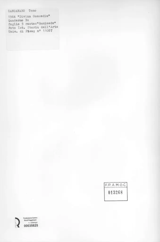 Universit&agrave; di Pisa. Dipartimento di Storia delle Arti , Zancanaro, Antonio - sec. XX - "Divina Commedia": quaderno B, foglio 5 recto: "Ganimede" , retro