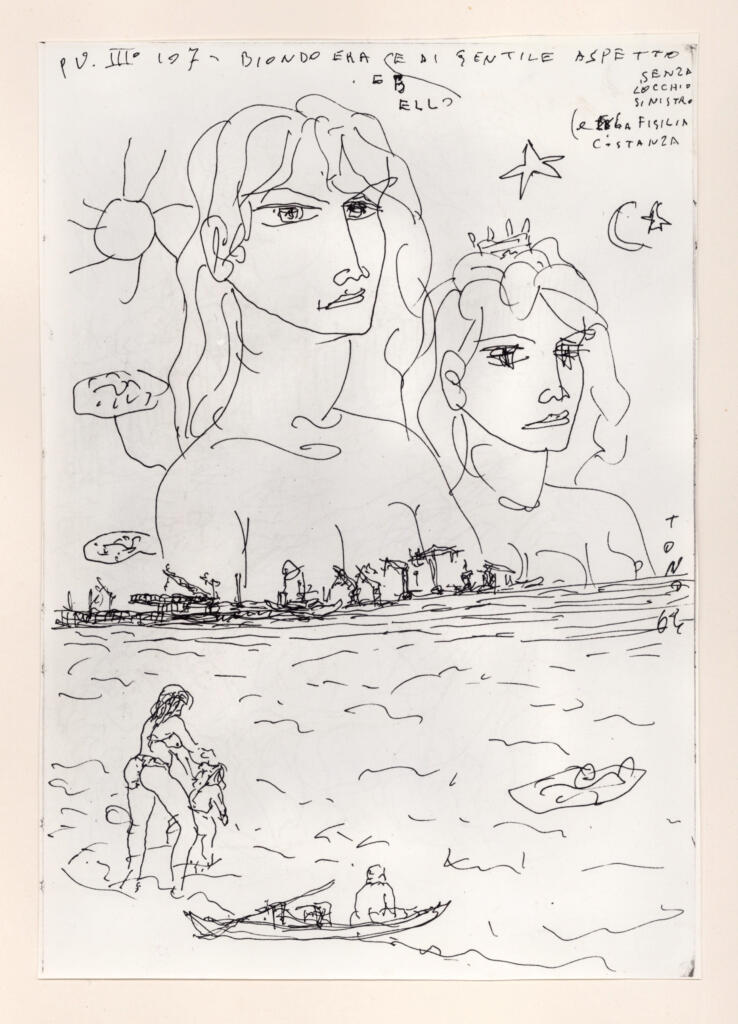 Università di Pisa. Dipartimento di Storia delle Arti , Zancanaro, Antonio - sec. XX - "Divina Commedia": quaderno B, foglio 2 recto: "Biondo era e di gentile aspetto