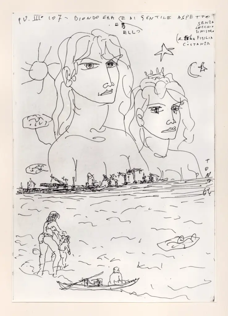 Universit&agrave; di Pisa. Dipartimento di Storia delle Arti , Zancanaro, Antonio - sec. XX - "Divina Commedia": quaderno B, foglio 2 recto: "Biondo era e di gentile aspetto