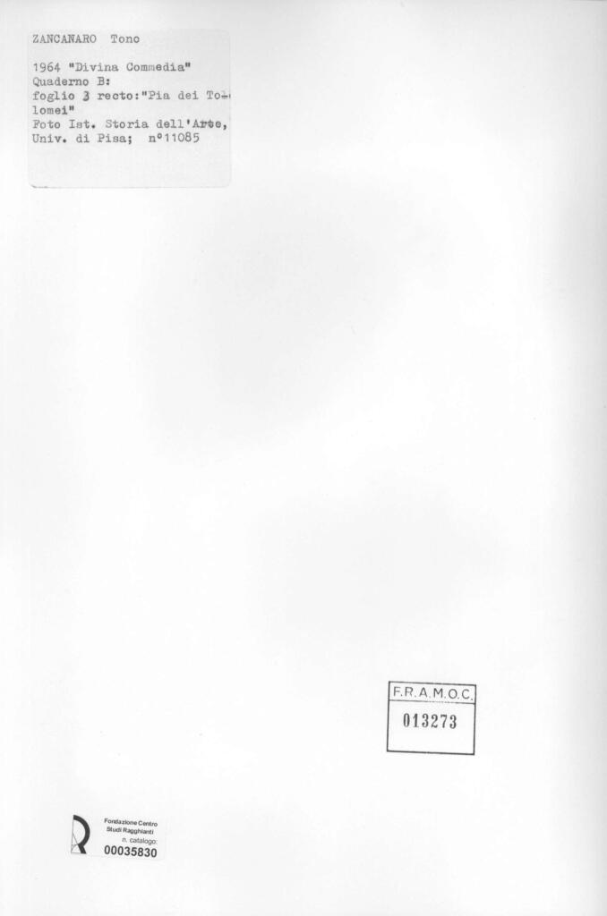 Università di Pisa. Dipartimento di Storia delle Arti , Zancanaro, Antonio - sec. XX - "Divina Commedia": quaderno B, foglio 3 recto: "Pia dei Tolomei" , retro