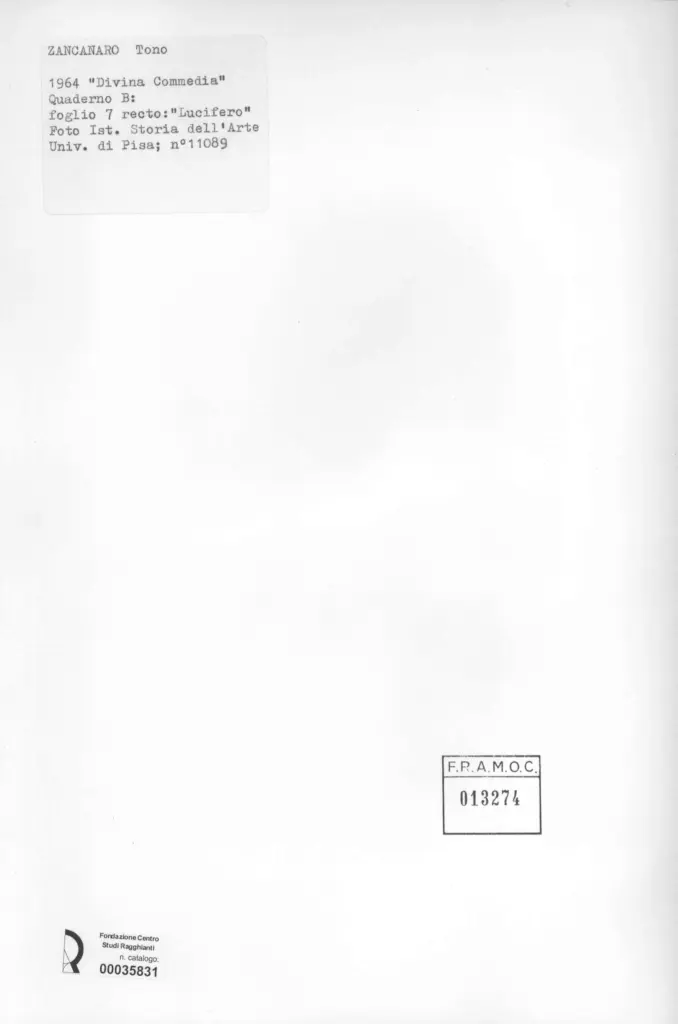 Universit&agrave; di Pisa. Dipartimento di Storia delle Arti , Zancanaro, Antonio - sec. XX - "Divina Commedia": quaderno B, foglio 7 recto: "Lucifero" , retro