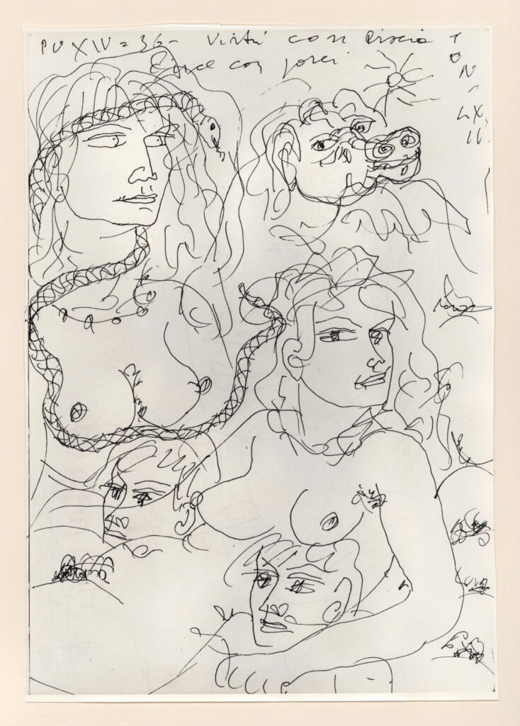 Università di Pisa. Dipartimento di Storia delle Arti , Zancanaro, Antonio - sec. XX - "Divina Commedia": quaderno B, foglio 10 recto: "Virtù con biscia-Circe con porci" , fronte